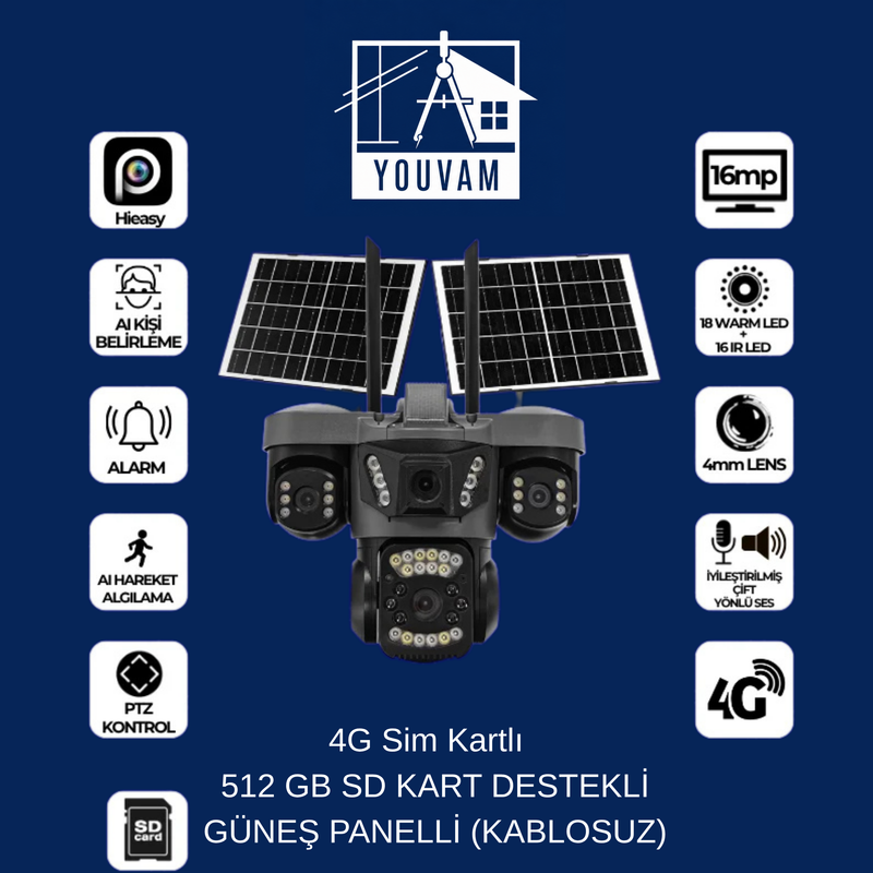 AOV 4G + 2 Solar HiEasy 4 Kameralı Güvenlik Kamerası (Türkçe Dil Desteği)